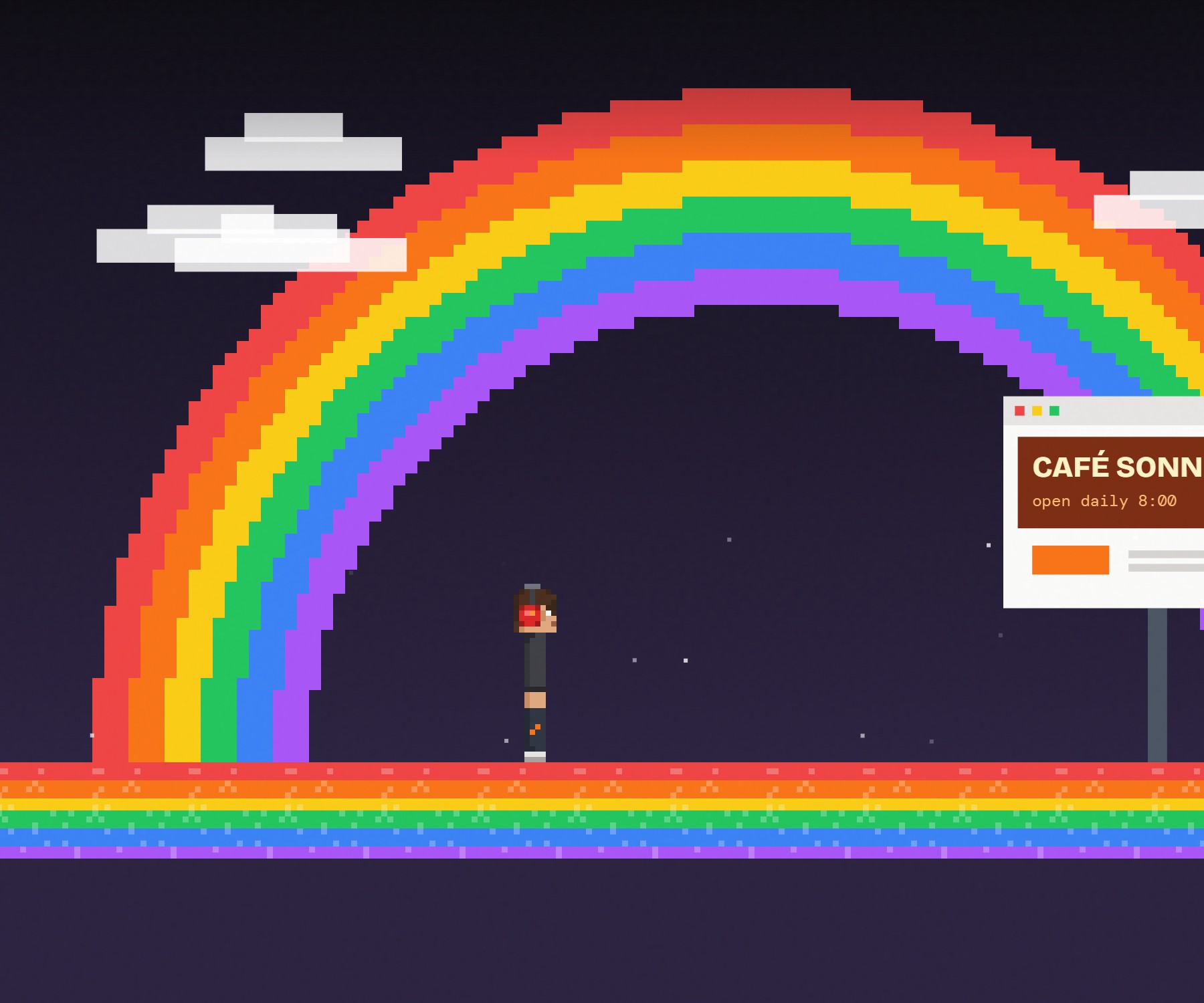 Der Storybereich dieser Seite: die Pixelfigur läuft über eine Regenbogenstraße am Himmel